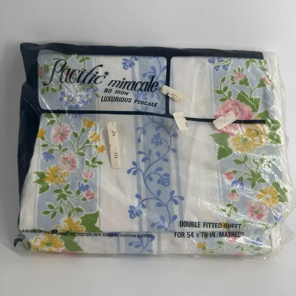 Pacific Miracale Double Fitted Sheet Paper Rose Floral BRAND NEW Vtg Linen NOS